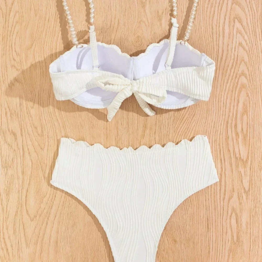 White Women's Beach Vacation Textured Faux Pearl Shoulder Strap Bikini Set - Picture 5 of 6